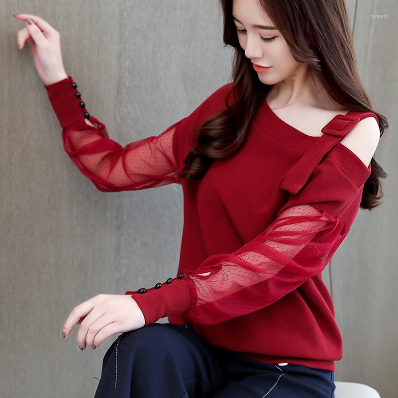 

Women' Blouses Women' Clothing Shirt Sexy Skewed Shoulder Blouse Off Irregular Women Tops Mesh Splicing Long Sleeve Camisas 902B, Black
