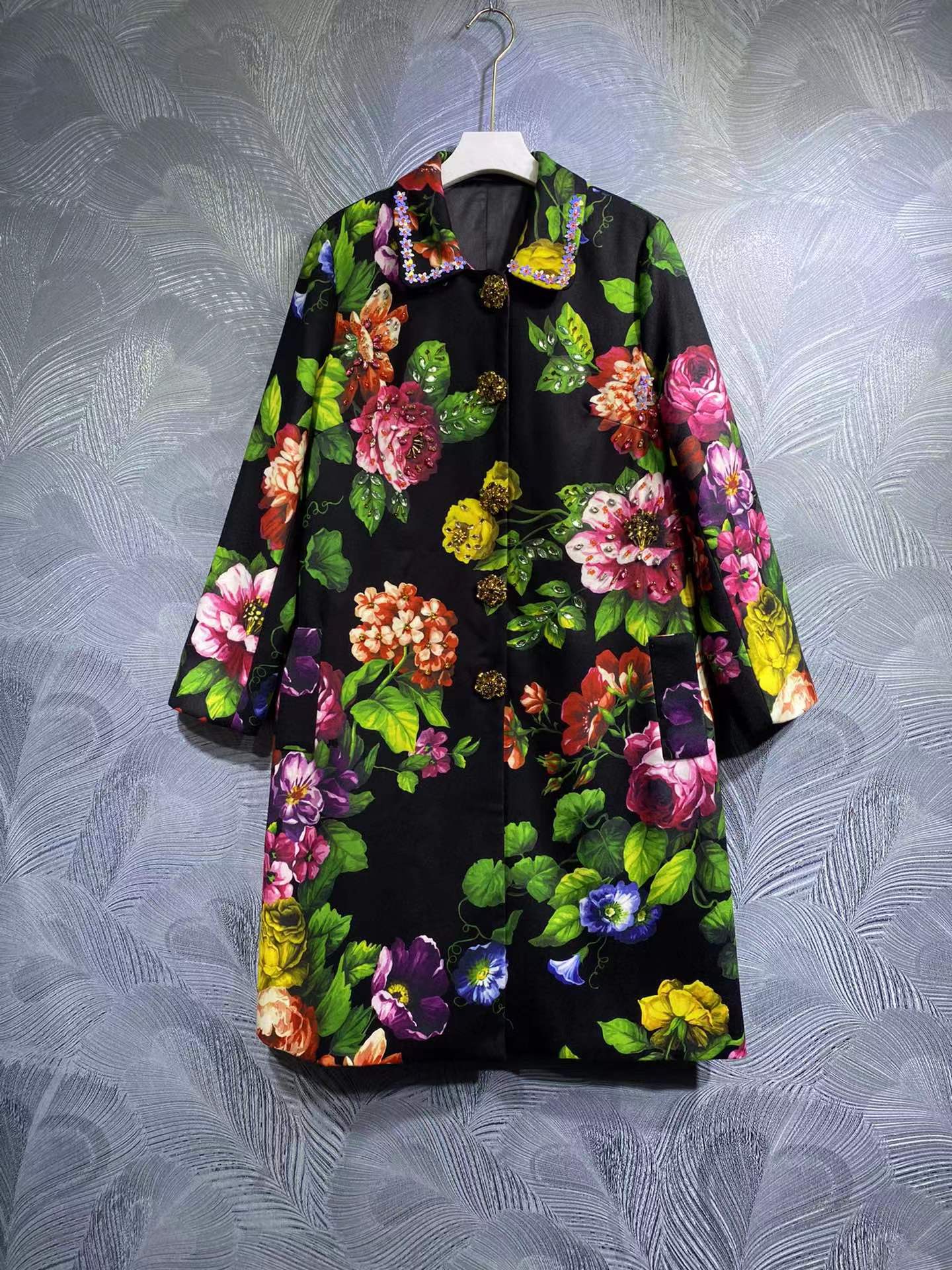 

High-quality lapel collar printed beading long trench coats, As picture