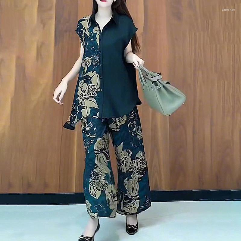

Women's Two Piece Pants Women's Women Plus Size Fashion Loose Causal Print Suits Elegant Summer Tops And Wide Leg Elastic Waist Short, Blue