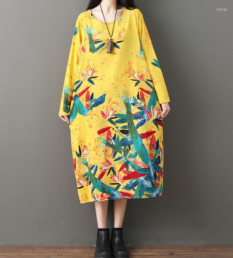 

Casual Dresses Autumn Cotton Linen Dress Art Retro National Style Large Size Women's Loose Leaf Flower Pattern Pocket Female A660, Green