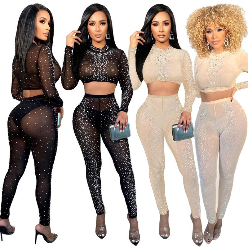 

Women' Two Piece Pants Sexy Diamonds Sheer Mesh Patchwork Set O Neck Long Sleeve Crop Top Pencil Night Club Fashion Outfits Hipster2022, Khaki