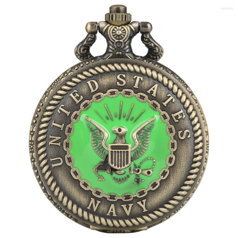 

Pocket Watches United State Navy Quartz Watch Bronze Steampunk Antique Green Pendant Fob Sweater Chain Retro Clock For Men Women, 80cm chain