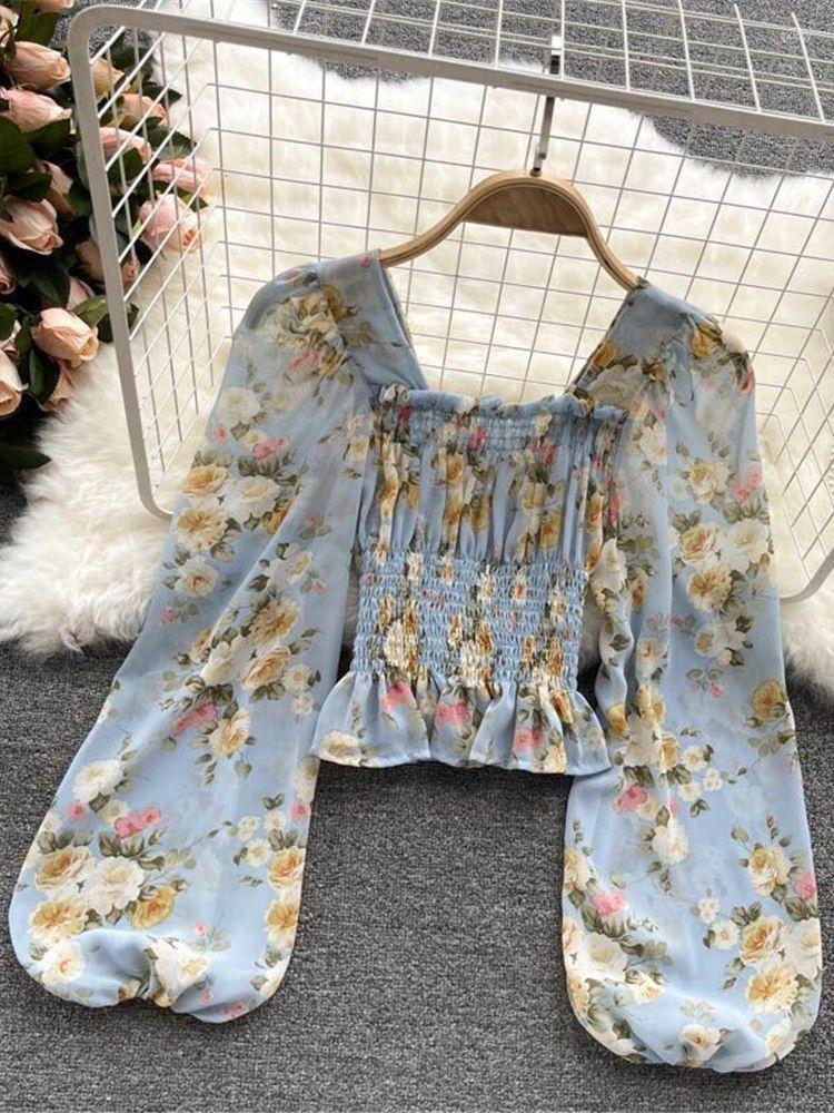 

Women's Blouses Women's & Shirts Fashion Floral Print Chiffon Blouse Shirt Women Square Collar Ruched Stretch Transparent Elegant Crop, Blue
