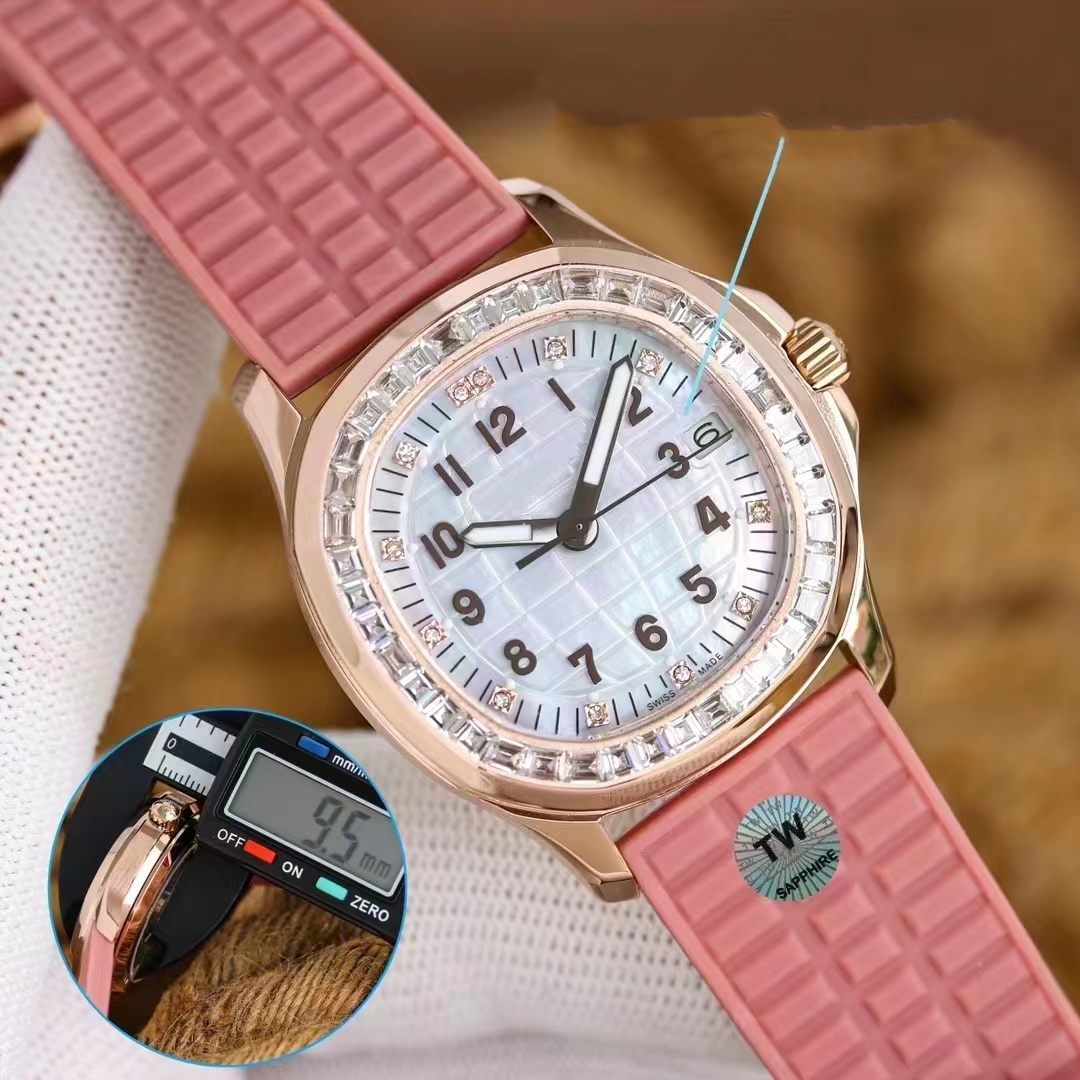 

Stylish women's mechanical watch with 9015-CAL324 Super Movement automatic chain 35.6mm ring mouth Crystal Diamond Fuchsia rubber strap elegant designer watch, Gold