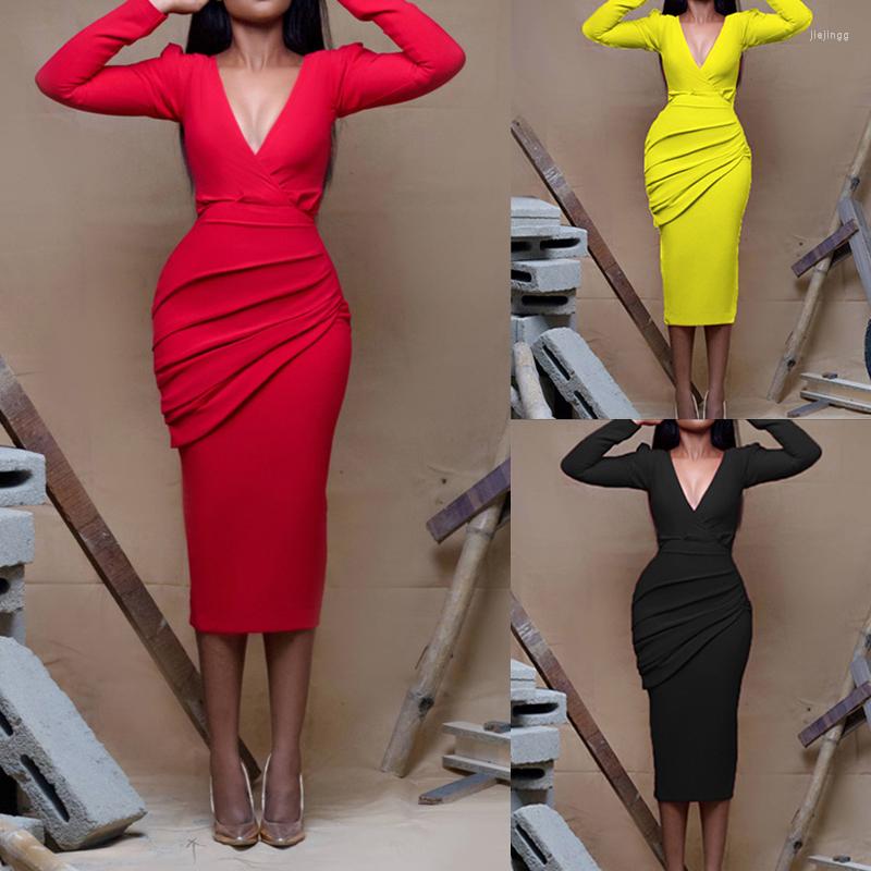 

Casual Dresses Elegant Office Lady Dress Spring Autumn Solid V Neck Long Sleeve Pleated Maix Business Party Pencil Vestidos, Black