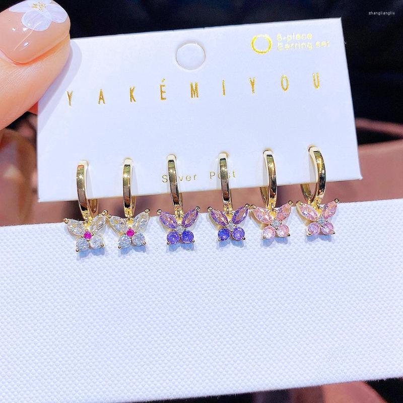 

Hoop Earrings Shining 3 Pairs Multicolor Cubic Zircon Butterfly Hanging Set Gold Color Women Ear Buckles