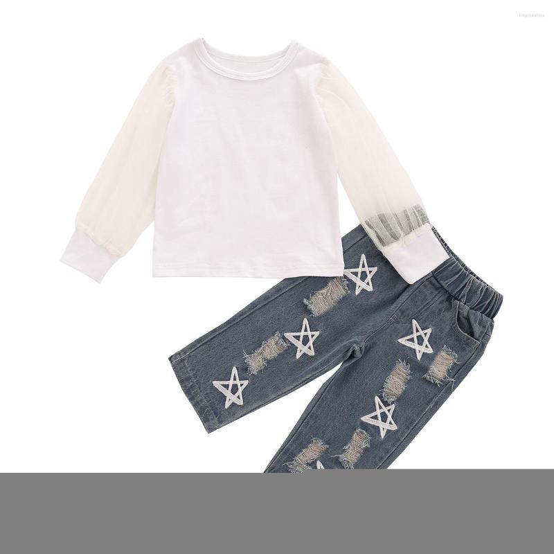 

Clothing Sets Toddler Baby Girls Fall Outfits Mesh Long Sleeve Crewneck Top Stars Ripped Denim Pants 2Pcs Clothes Set 6M-4T, Picture shown