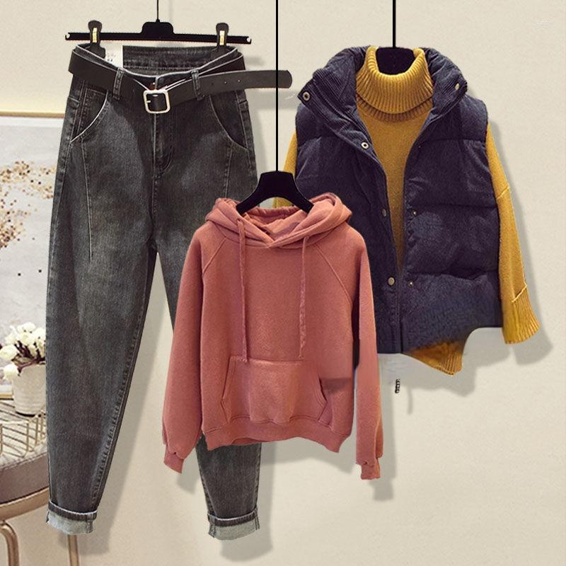 

Women' Two Piece Pants 2022 Autumn Winter Women Slim Suit Lady Zipper Padded Vest Hooded Thick Sweatshirt Denim 3pcs Set Female Warm Q286, Black black grey