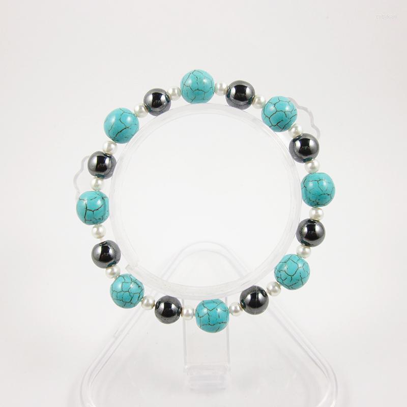 

Strand Design Blue Stone Black Hematite Round Beads Bracelets With Simulated Pearl Spacer Handmade Jewelry For Women