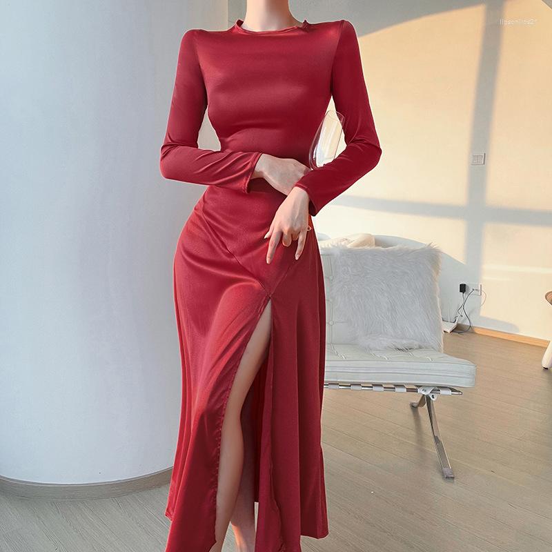 

Casual Dresses 2022 Autumn Temperament Dress Elegant Commuter Small Sexy Long Solid Color Round Neck High Waist Slit Slim Skirt, Black