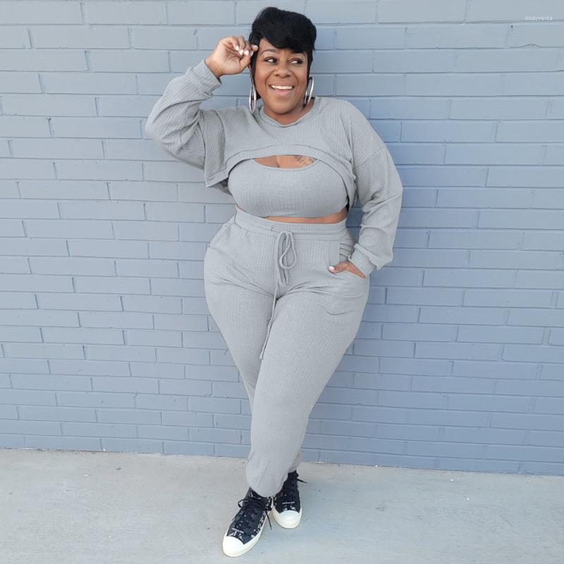 

Tracksuits ZJFZML ZZ Women Clothing 3 Piece Outfits Plus Size Spaghetti Strap Rib Crop Top Long Sleeve Pullover Pant Drop Wholesale, Black