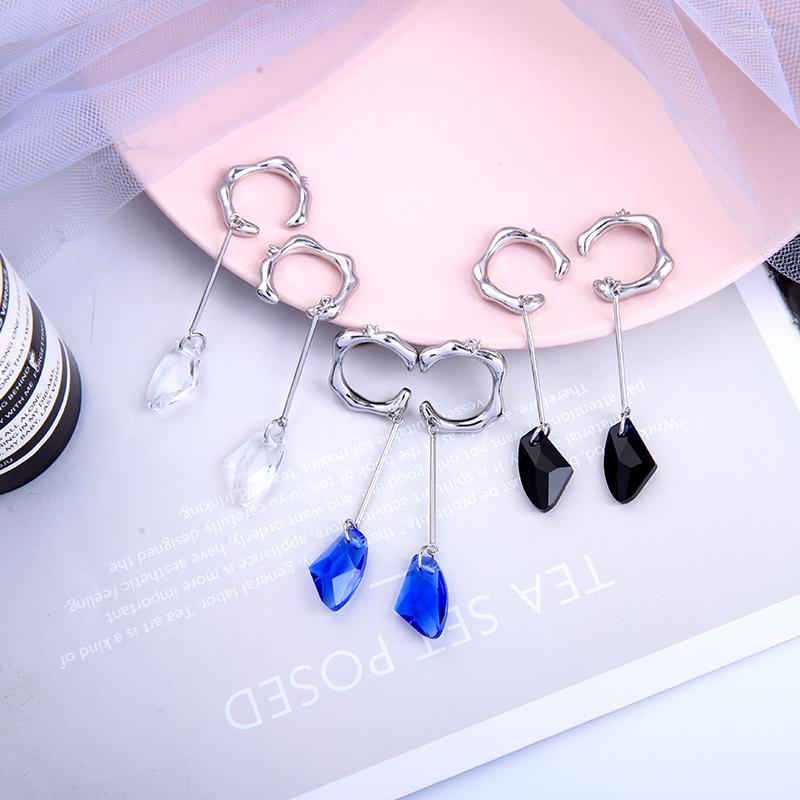 

Backs Earrings Uer White Blue Black Geometric Stone For Women Delicate Zircon White-gold Color Brass Clip Fashion Jewelry