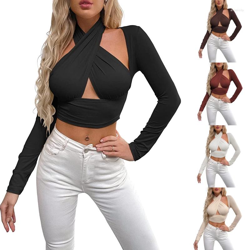

Women' Tanks Ladies Hollow Midriff-baring Tops Women Leisure Style Solid Color Cross Hanging Neck Long Sleeve Camisole Slim Blouse 5 Colors, Beige