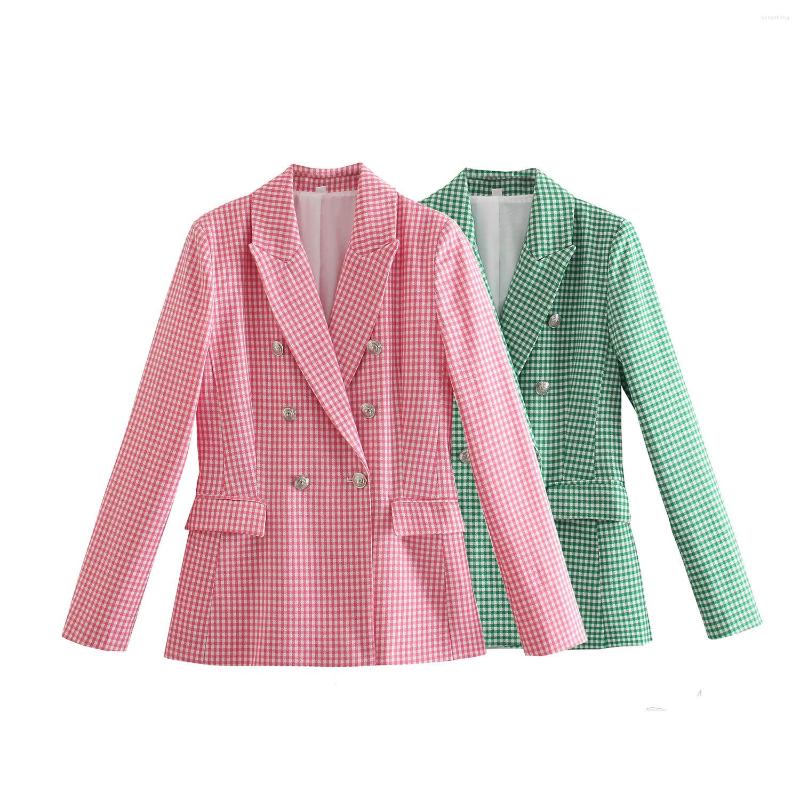 

Women' Suits Bmissingyou Pink Green Plaid Ladies Blazer Long Sleeve Double Breasted Slim Fit Office Jacket With Pockets Chic Women Outwear, Photo color