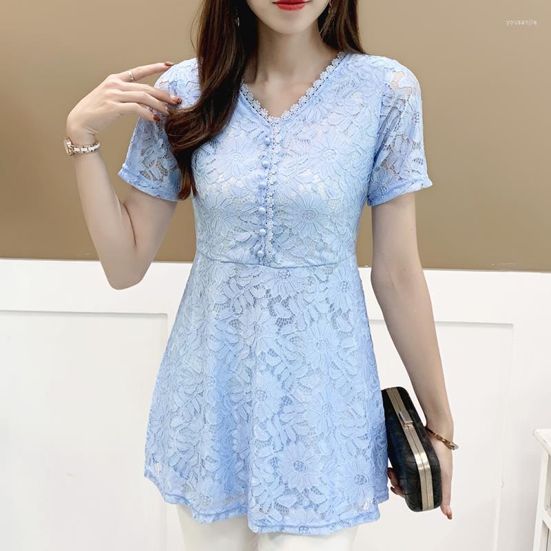 

Women's Blouses Women's Spring Summer Style Lace Blouse Shirt Button V-Neck Solid Color Short Sleeve Elegant Casual Tops ZZ1235, Blue