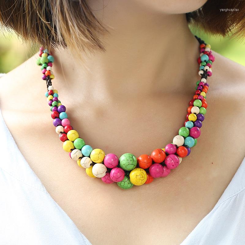 

Pendant Necklaces Boho Rainbow Color Matching Semi-precious Stone Women's Necklace Collarbone Chain Thai Wax Thread Hand-woven Ethnic