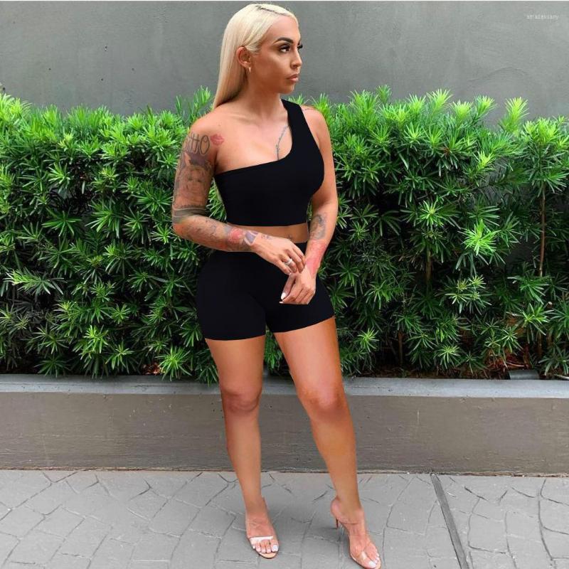 

Women' Tracksuits RMSFE 2022 Breathable Comfortable Single Shoulder Inclined Collar Short Vest Solid Color Tight Shorts 2 Piece Women, Black