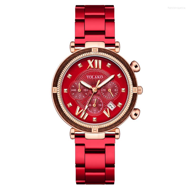 

Wristwatches Casual Ladies Watch Fashion High Quality Red Stainless Steel Three Eyes Calendar Roman Diamond Digital Quartz Watches For Women, Y0428-2