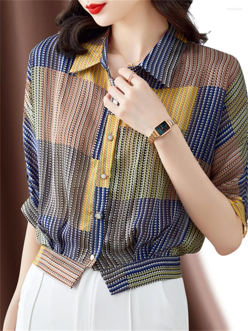 

Women's Blouses Woman Summer Style Tops Lady Casual Half Lantern Sleeve Turn-down Collar Striped Printed Blusas SP1578, Picture shown