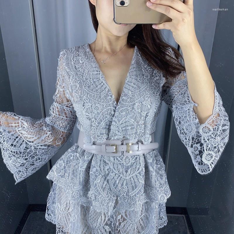 

Casual Dresses Ladies Elegant Flowers Crochet Evening Dress Women Hollow Out V Neck Flare Sleeve Sexy Mini Vintage Belted Party, As photo