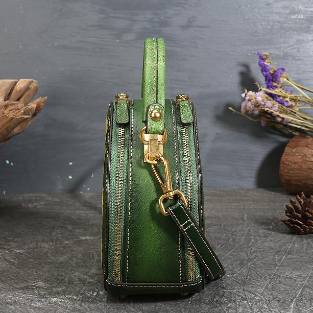 

Evening Bags Vintage Literature Art Leather Women Handbag Top Layer Cowhide Single Shoulder Oblique Span Small Round Bag, Dark grey