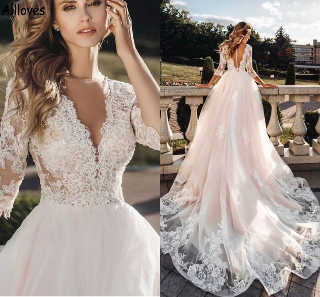 

Vintage Lace A Line Wedding Dresses With 3/4 Long Sleeves V Neck Appliques Beaded Tulle Bridal Gowns Court Train Sexy Illusion Back Buttons Vestidos De Novia CL1330, Daffodil