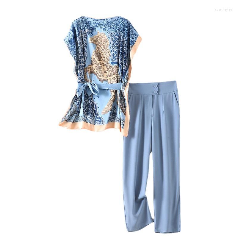

Women's Two Piece Pants Women Printed Sets Short Sleeve O Neck Tops With Belt Straight Leg Female Fashion Set Suit Outfit, Blue