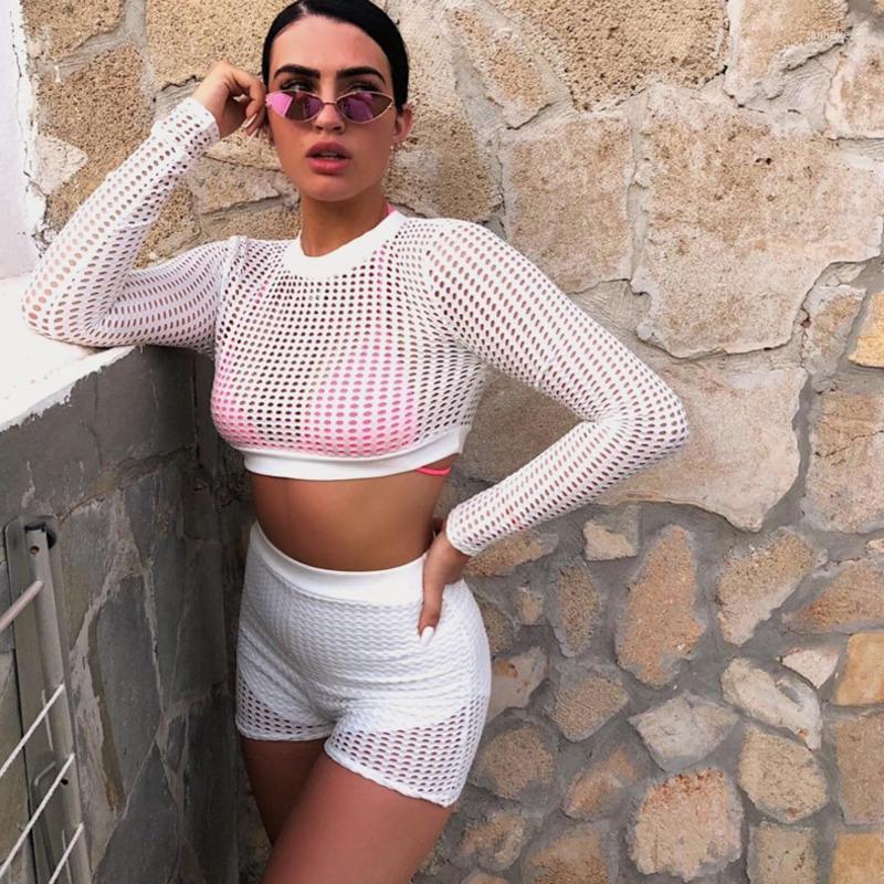 

Women' Tracksuits See Through Round Neck Short Top And Shorts Outfits Streetwear Bandage Matching Sets Long Sleeve Hollow Bikers 2 Piece, White