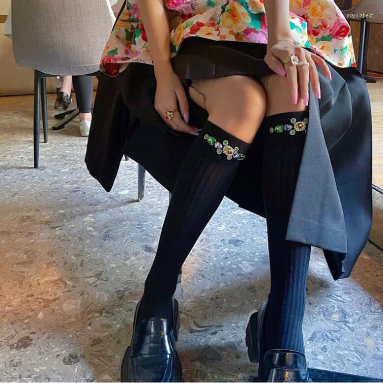 

Women Socks 2022 Autumn Winter Calf Tube Handmade Rhinestone Half Long Velvet Stockings, Black