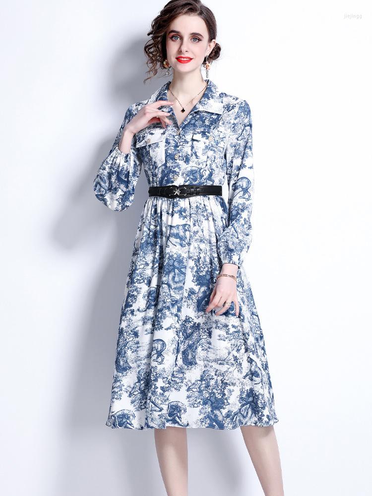 

Casual Dresses Spring Fashion Women's Lapel Collar Animal Print Midi Shirt Dress Vintage Long Sleeve Belt Holiday Vestidos Runway, Blue