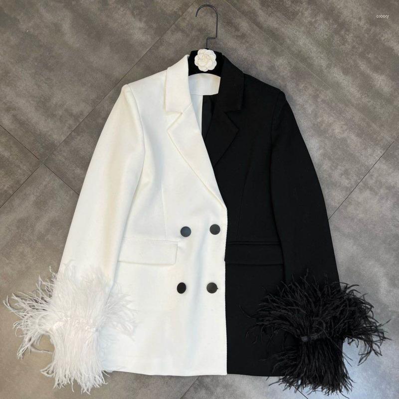 

Women' Suits Women' & Blazers PREPOMP 2022 Spring Arrival Long Sleeve Feather Cuff Double Breasted Buttons Black White Patchwork, As photo