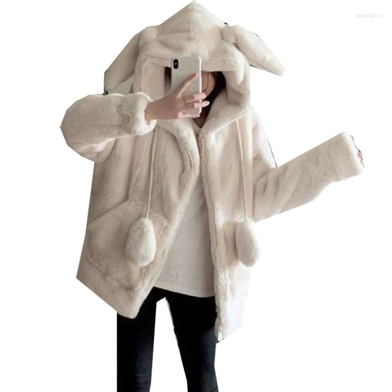 

Women's Fur 2022 Women's Autumn Winter Coat Female Lovely Hooded Ear Plush Imitation Cashmere Thickened Jacket, White