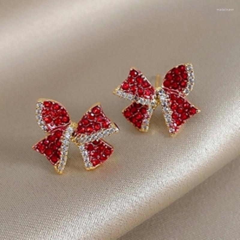 

Stud Earrings Karopel S925 Silver Needle South Korea Dongdaemun Red Super Flash Bow Female Small Net Temperament Ear Jewelry