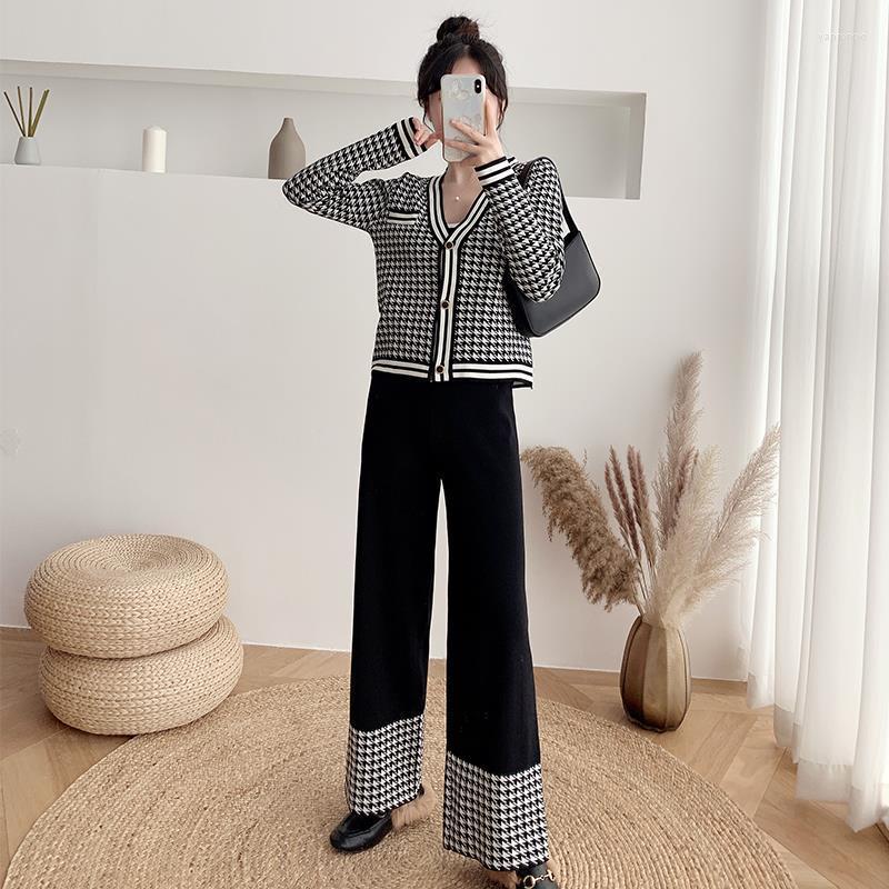 

Women' Two Piece Pants Women' Knitted Women Casual Wide Leg Set Loose Design Cardigan And Drawstring Trouser Ladies Suit Winter, Black