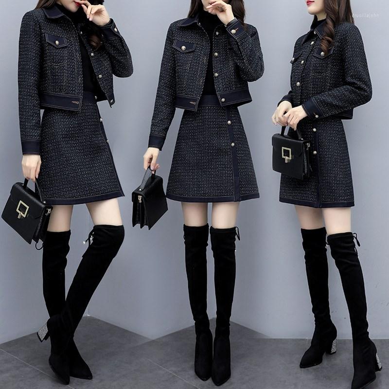 

Work Dresses Women' Winter Two-Piece Suits Slim Tweed Jacket Short Skirt Fashion Female Sets -3XL, Navy blue