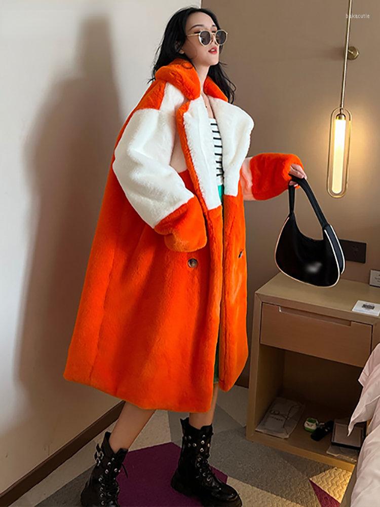 

Women' Fur 2022 Women Winter Warm Faux Coat Thick Patchwork Long Turn Down Collar Casaco Feminino, Orange red