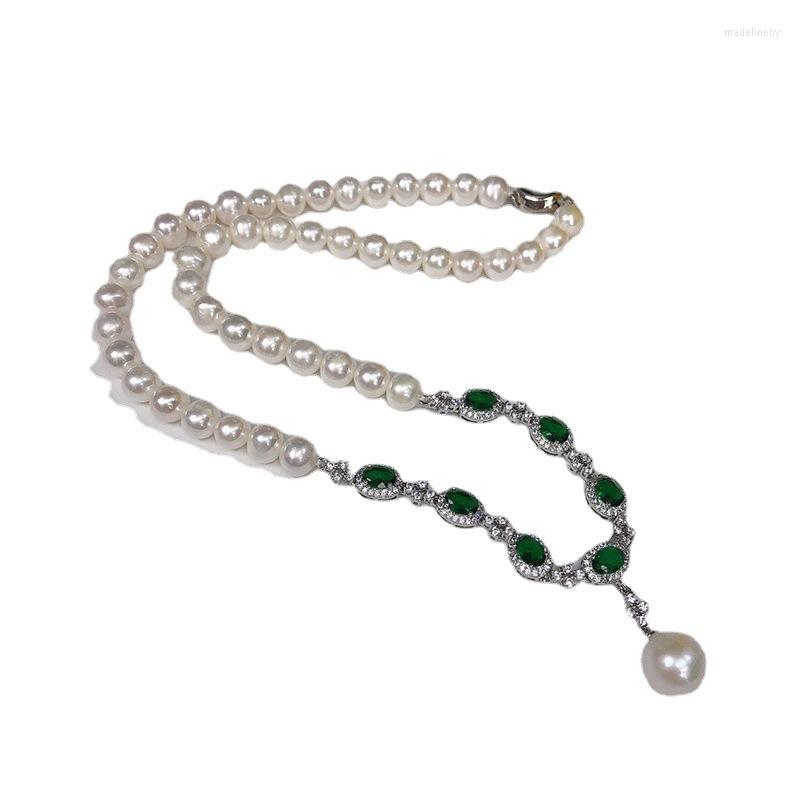 

Chains Freshwater Pearl White Near Round GREEN Zircon Chain Pendant Necklace FPPJ