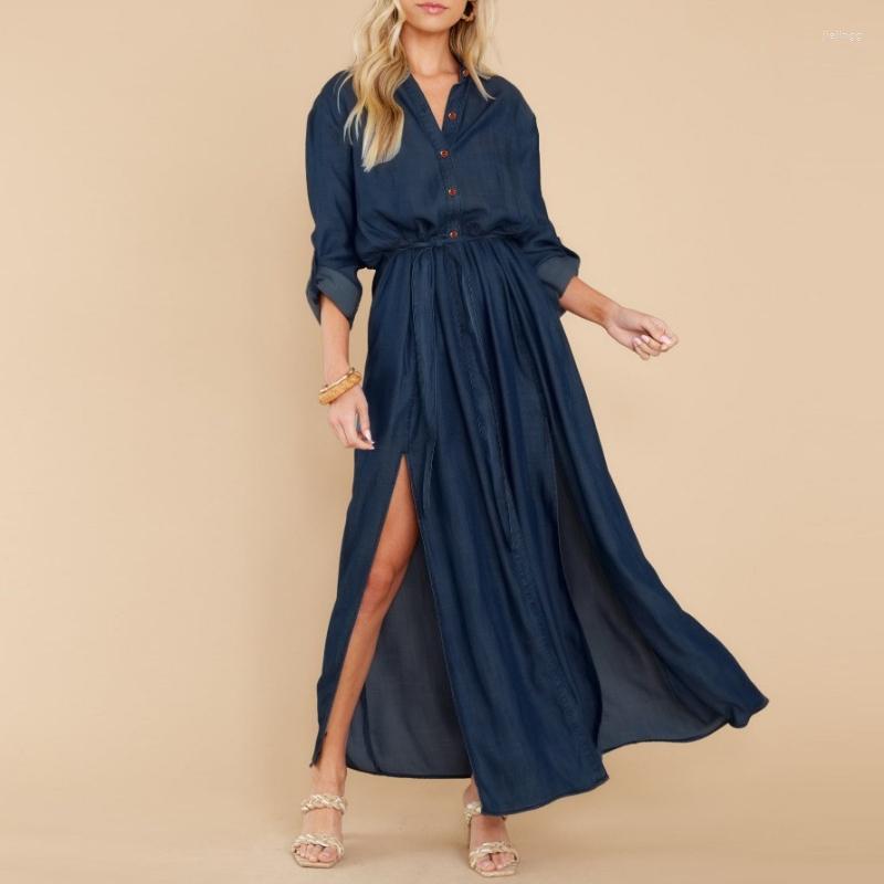

Casual Dresses 2022 Women Long Sleeve Solid Button Front High Split Shirt Dress Maxi With Belt, Dark blue