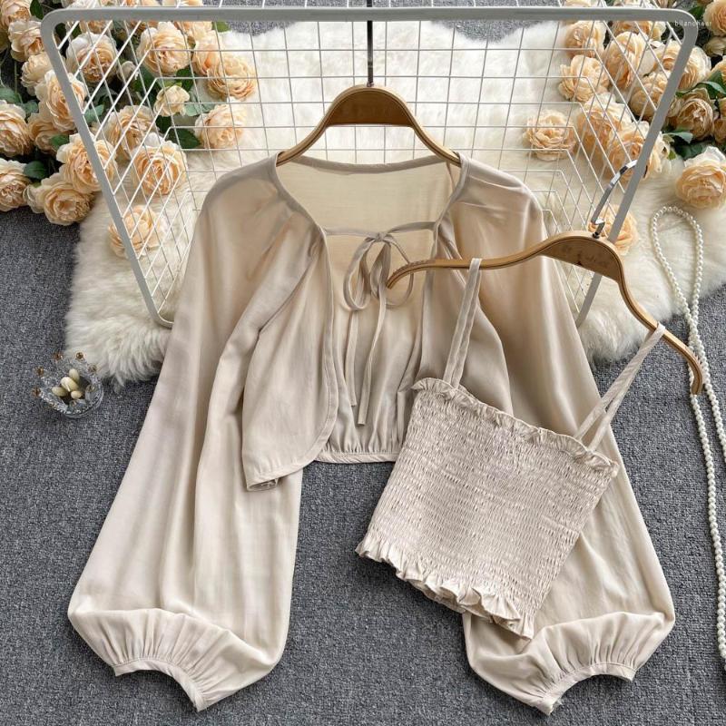 

Women's Blouses Women Two-piece Suit Autumn Long-sleeved Sunscreen Cardigan Tops Pleated Camisole Sets F943, Khaki