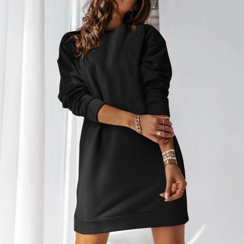 

Casual Dresses Autumn Sweater Women Round Neck Long Sleeve Dress Solid Color Loose Streetwear Vestido De Mujer, Black