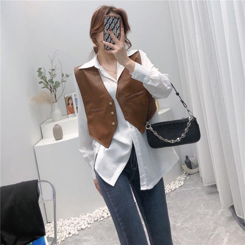 

Women' Vests Woman Faux PU Leather Vest Waistcoat Female Solid Motorcycle Autumn High Quality Sleeveless Button Tops G162, Black