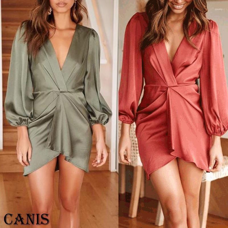 

Casual Dresses Women Sexy Deep V-Neck Long Sleeve Mini Dress 2022 Summer Ladies Evening Party Female Solid Color SundressCasual, Army green