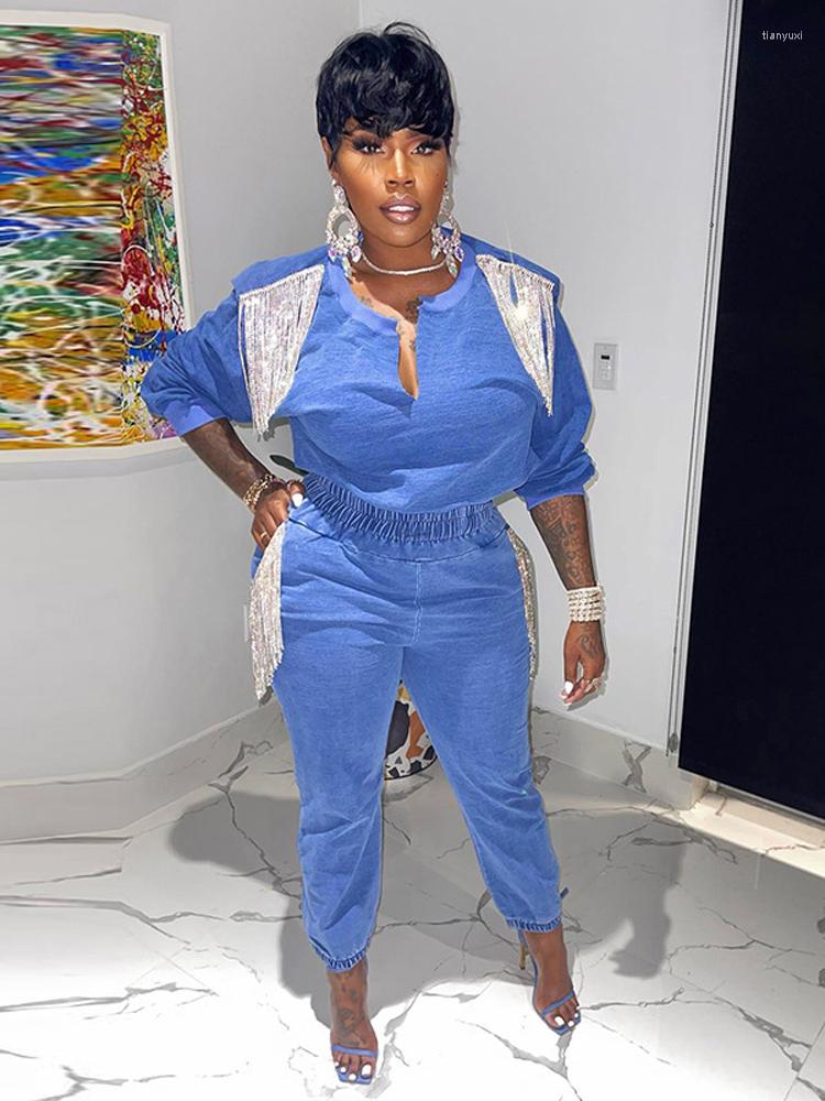 

Women' Two Piece Pants Tassel Sweatpants Pieces Set Women Suits With Short Sleeve Tops Blue Outfits Summer 2022 Street Style Casual Sporty