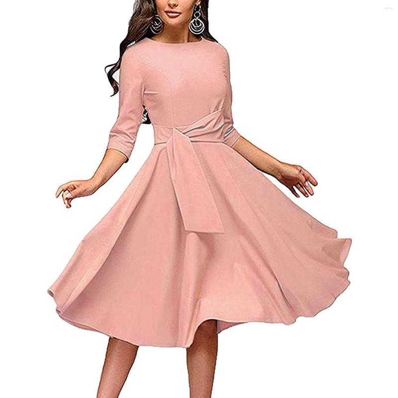 

Casual Dresses Women' Dress Elegance Ruched Round Neck 3/4 Sleeve Swing Midi A-line Summer