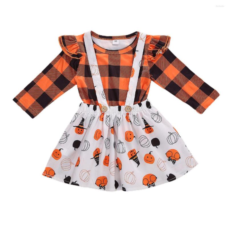 

Clothing Sets Infant Kids 1-6Years Baby Girls 2PCs Set Halloween Outfits Long Sleeve Plaid Shirt Tops Overall Pumpkin Skirts, Picture shown