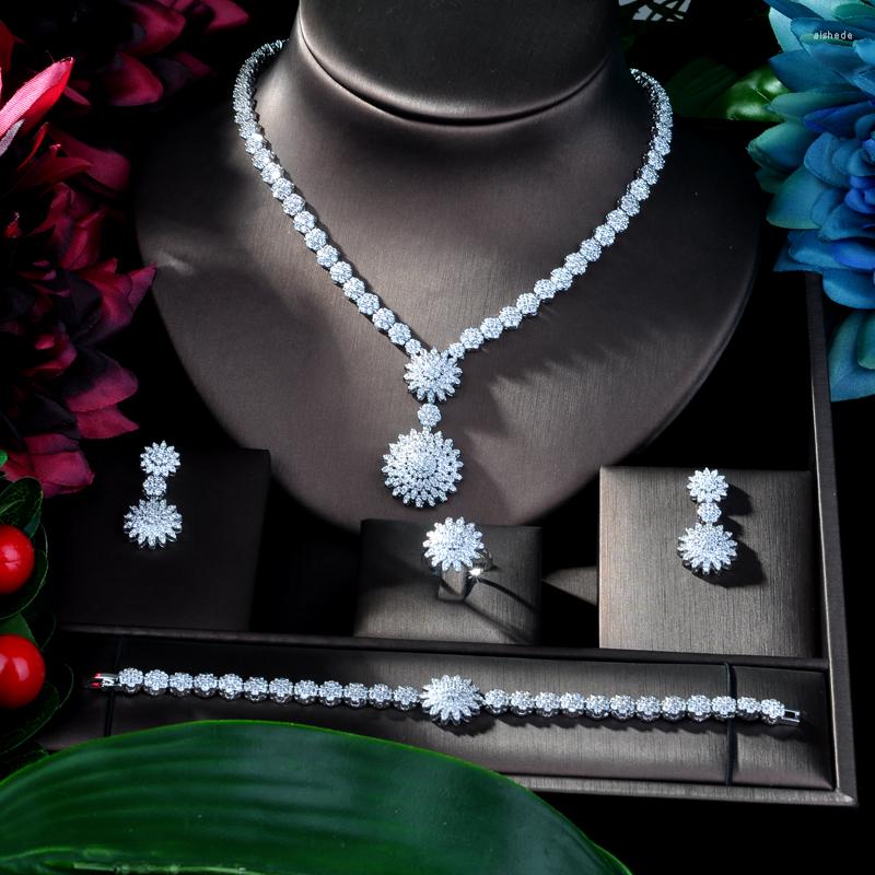 

Necklace Earrings Set Fashion Cubic Zircon Crystal 4pcs Jewelry Chain Bridal For Women Wedding Party African Beads N-111, Picture shown