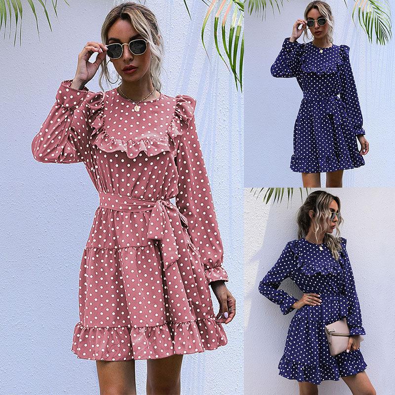 

Casual Dresses Spring Summer Chiffon Dress Polka Dot Print Women' Elegant Midi Boho Mujer Long-sleeved Ruffled Retro With Belt, Pink