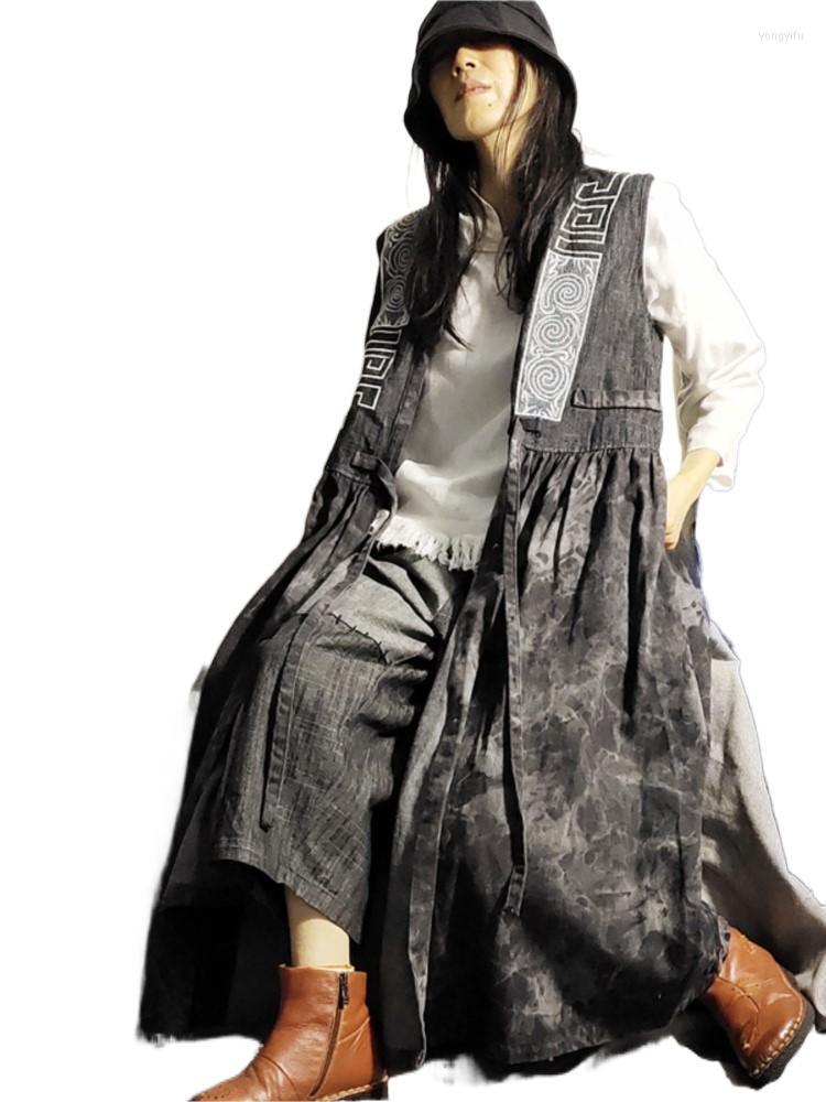 

Women's Trench Coats QPFJQD Ladies Black Tie Dye Retro Sleeveless Bandage Embroidery 2022 Spring Women Loose Denim Long