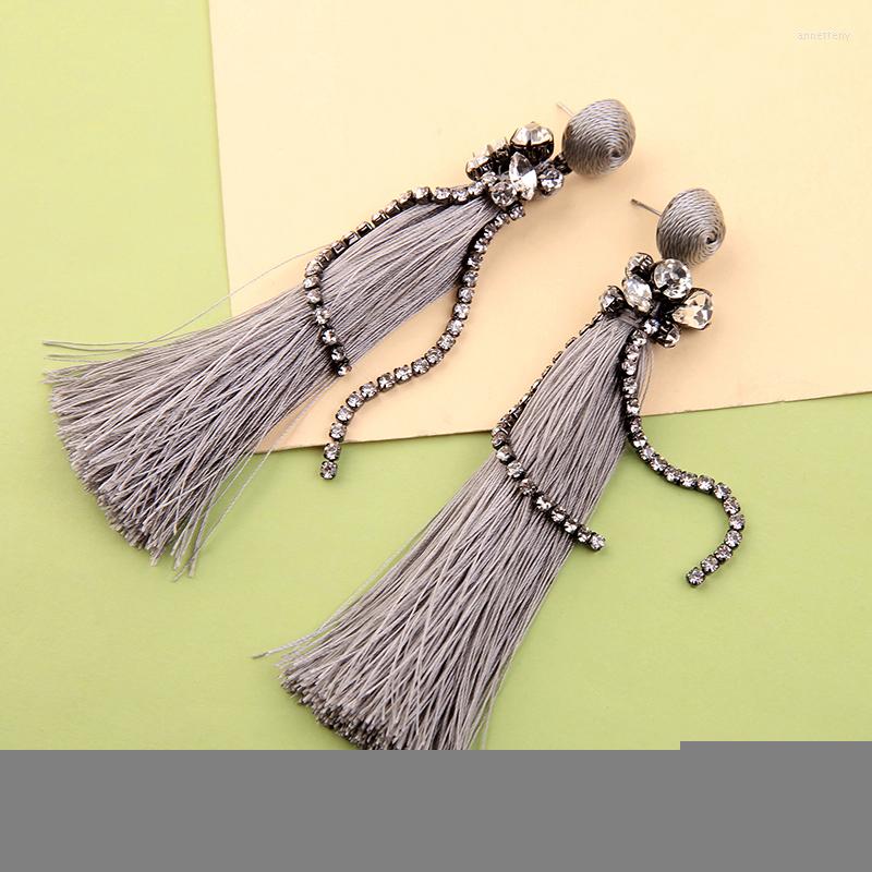 

Dangle Earrings Chinese Style Long Tassel Grey Crystal Cotton Thread For Women Summer Fashion Jewelry Drop