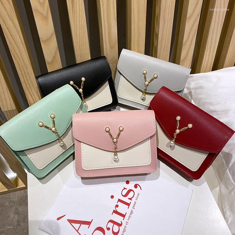 

Waist Bags 2022 Women Leather Crossbody Purse Lightweight Elegant Color Block Shoulder Bag With Pearl Pendant And Chain Strap